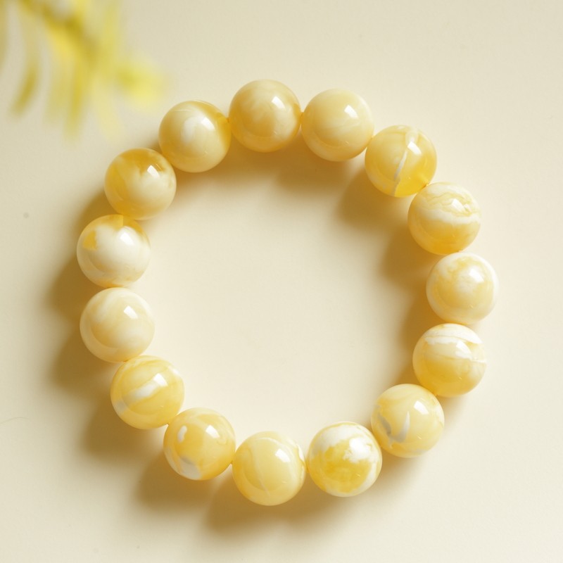 Shangshi Qingling Natural Beeswax Bracelet, Yellow and White Flower Beeswax Bracelet, Baltic Single-Circle Round Bead Amber, Unisex Style