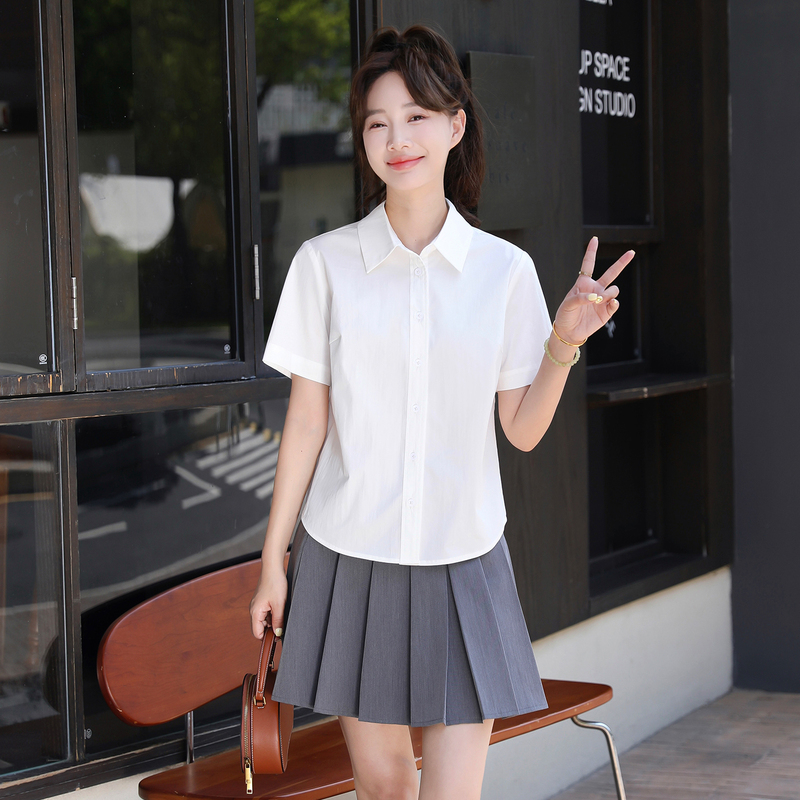 Petite, Sophisticated, Comfortable Fit, Interview-Friendly, Loose, Simple, Cotton Formal Wear, Professional White Shirt for Women, Short-Sleeved, Summer