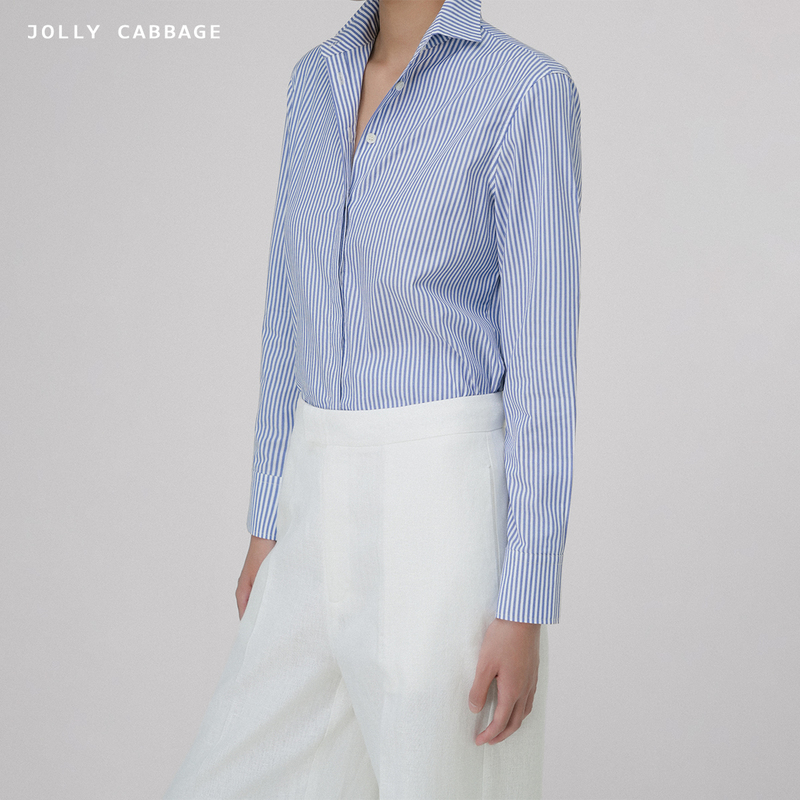 Jollycabbage | Blue and White Striped Italian 60-Count Pure Cotton Nautical Style Old Money Commuter Shirt Jollycabbage | Blue and White Striped Italian 60-Count Pure Cotton Nautical Style Old Money Commuter Shirt