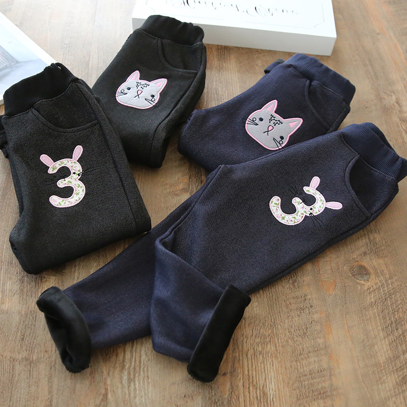 100 yards 2022 winter children's velvet imitation denim integrated velvet warm casual pants outer pants warm trousers