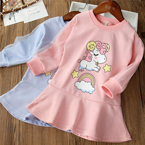 Korean version of childrens spring and autumn sweater dress 2022 spring new mesh sleeve dress western style beautiful skirt pure cotton unicorn