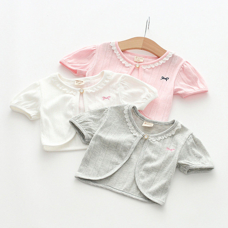 Girls Summer Hollow Cotton One Button Shawl Children's Short Short Sleeve Lace Edge Sunscreen Round Neck Cape Trendy