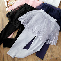 Girls Spring and Autumn Fake Two-piece Pure Cotton Skirt Childrens Lace Stitching Skirt Leggings Princess Pants Outerwear Trousers