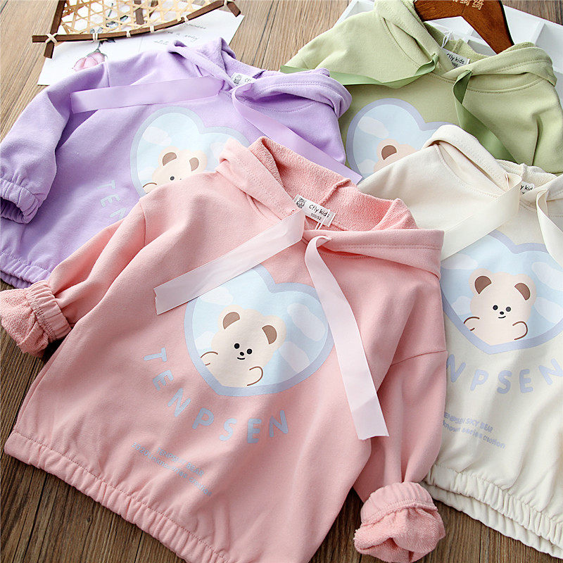 2022 Spring and Autumn New Girls Hooded Cotton Sweatshirt Children's Love Bear Korean Cartoon Pullover Top