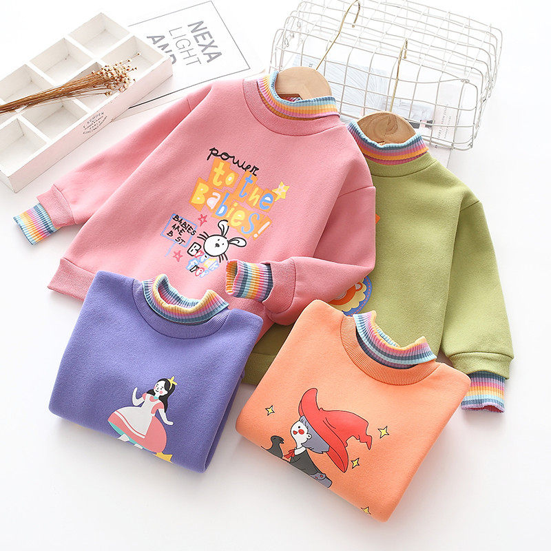 90 yards girls autumn and winter rainbow striped half-high collar brushed sweater 22 years cartoon warm thick quilted top