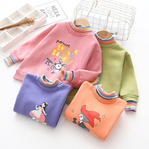 90 yards girls autumn and winter rainbow striped half-high collar brushed sweater 22 years cartoon warm thick quilted top