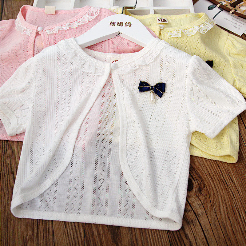 2022 summer girls' one-button cotton hollow cardigan children's short-sleeved shawl lace baby air-conditioning cape
