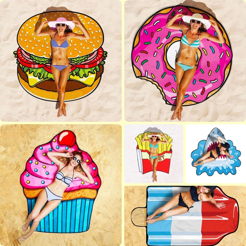 Quick-Drying Ultra-Thin Beach Towel Beach Mat Round Donut Hamburger Pizza Watermelon Beach Mat Non-Stick Sand