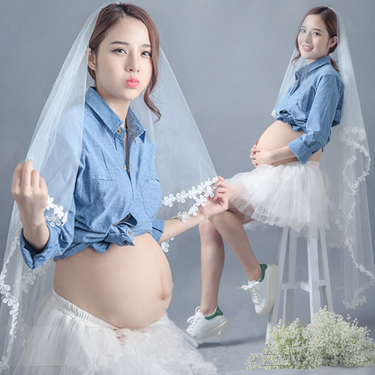 Pregnant Woman Photo Write Real Clothing Home Photo Clothes Denim White Dress Cute And Lively Photography Clothes