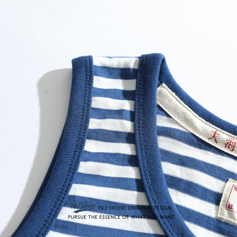 European and American Style Round Neck National Trend Pure Cotton Navy Blue and White Sailor Shirt Vest Retro Vintage Striped Sleeveless T-Shirt for Men