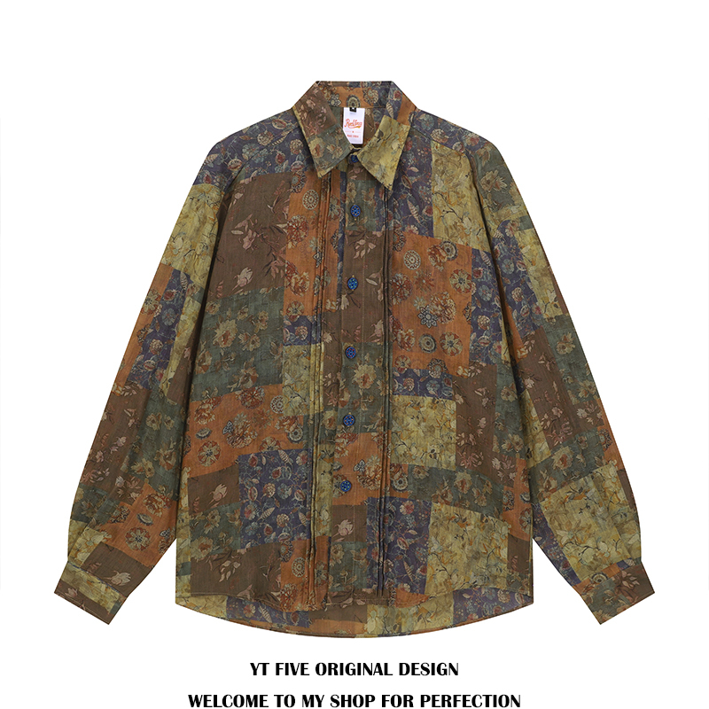 Ytfive National Trend American Retro Patchwork Color-Blocking Ethnic Floral Long-Sleeve Shirt Unisex Loose Hong Kong Style Shirt
