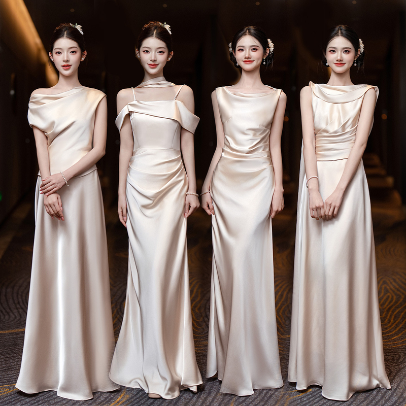 Beautiful Satin Bridesmaid Dress for Women 20206 New Style Champagne Elegant High-End Niche Sister Group Dress Suitable for Daily Wear Beautiful Satin Bridesmaid Dress for Women 20206 New Style Champagne Elegant High-End Niche Sister Group Dress Suitable for Daily Wear