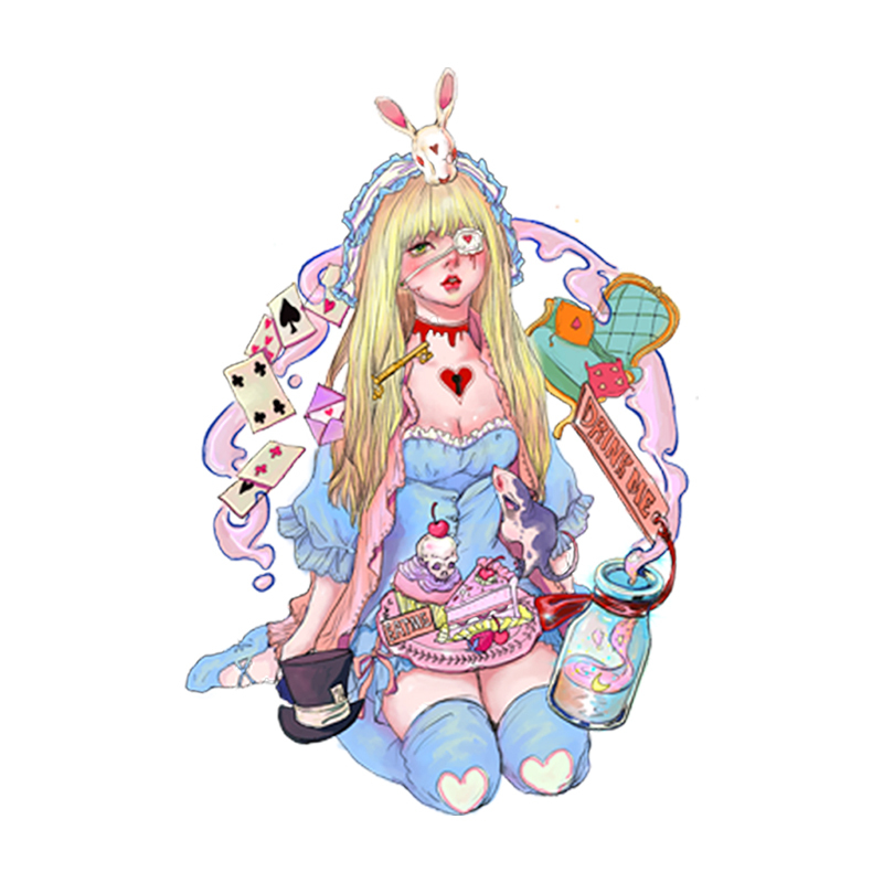 Black Fairy Tale Alice Girl Colorful Tattoo Stickers Cartoon Cute Lolita Waterproof Long-Lasting Female Arm Thigh