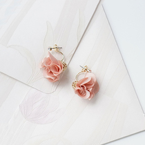 Retro chiffon flowers pink earrings earrings Korean long earrings earrings without earrings cute fashion women