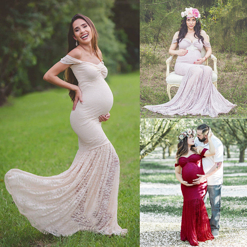 Speed Selling Pregnant pregnant women Photo Ocean Dress Sexy Lace with long dress Photographic lotus leaf sleeves Long dress dress