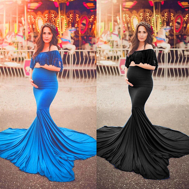 AliExpress Europe and the United States new products pregnant women photo clothing one word collar lace pregnant mother trailing photography belly photo dress