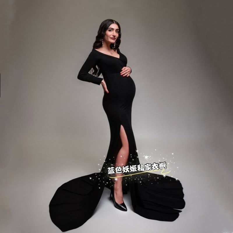 Hot selling speed selling through pregnant woman photo long dress sexy V collar open fork wrapping body foreign dress photo gallery trailing photographic clothing