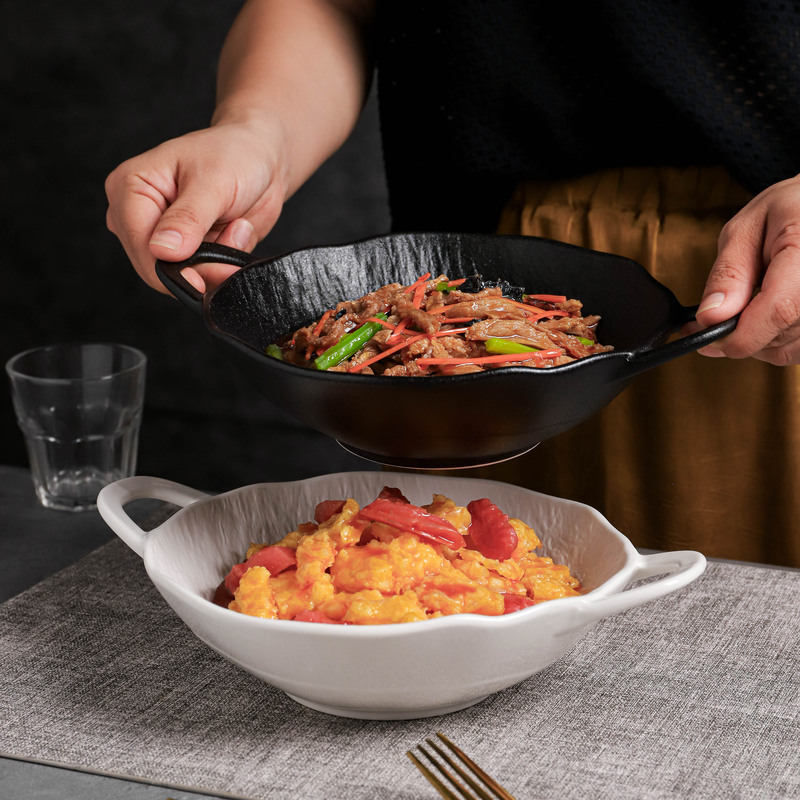 Ceramic Bowl with Stone Pattern, 10 Inches (26.5cm), Double-Ear Hollow Soup Bowl, Large Bowl, French-Style Instant Noodle Bowl, High-Value Salad Bowl
