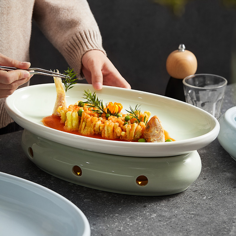 The Yiho Ka Creative Ceramic tableware Home Solid alcohol candle Insured Oval Fish Dishes Dry Boiler Seat