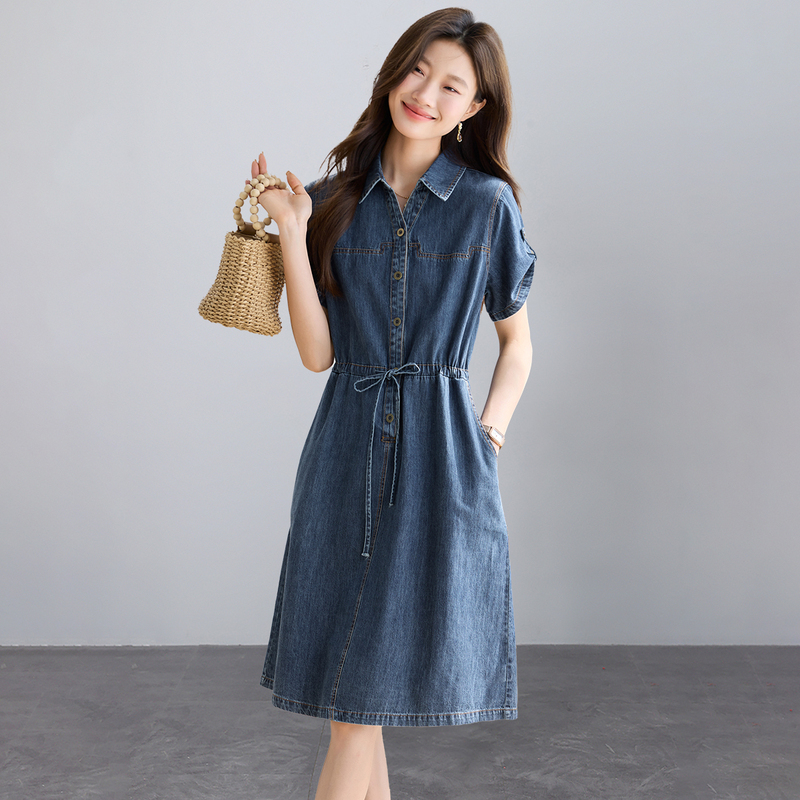 Summer Thin Denim Dress for Women, Mid-Length, New Style, Petite, Waist-Cinching, Slimming, Elegant, Age-Reducing Shirt Dress