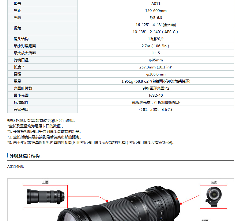 Tamron 150-600mm F 5-6.3 Di VC USD ống kính máy ảnh DSLR A011 Canon Nikon