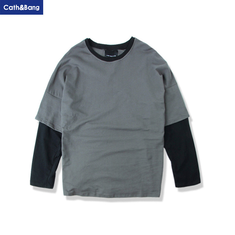 17男款秋季原创纯棉假两件落肩修身复古潮流长袖T恤打底纯棉长T