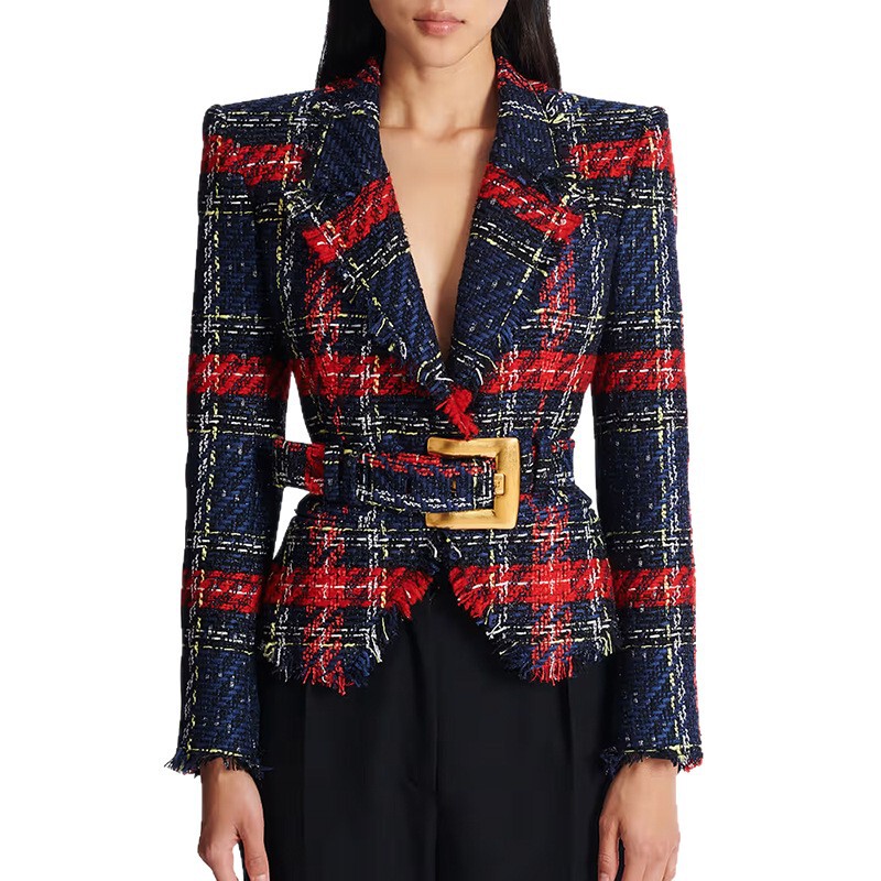 Effie Balmain 26 Early Spring New Celebrity Fashion Line Plaid Tweed Slim-Fit Jacket with Belt Effie Balmain 26 Early Spring New Celebrity Fashion Line Plaid Tweed Slim-Fit Jacket with Belt