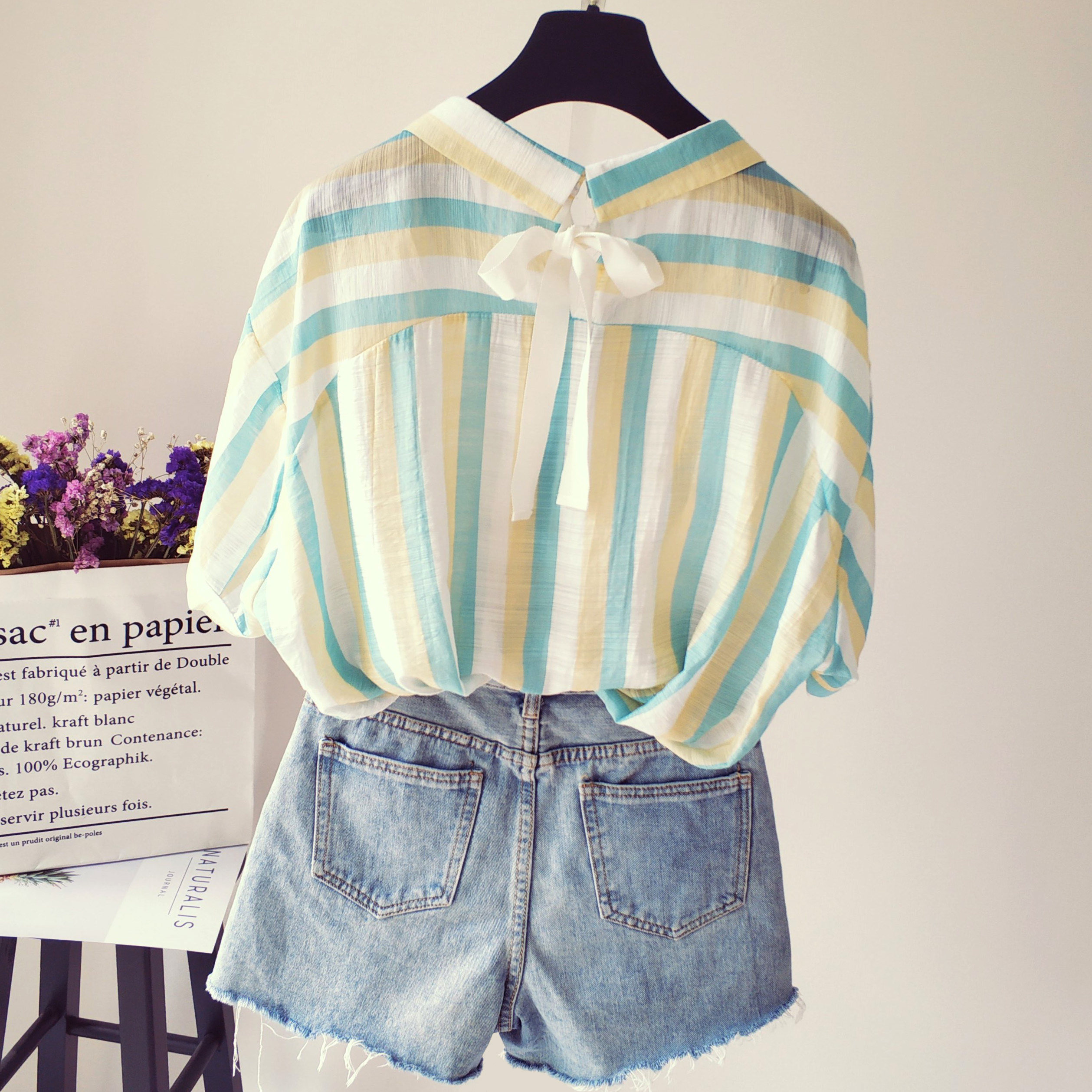 Striped Shirt Woman 2022 Summer New Korean version Loose Cocoon Type Back Lace Doll Collar Snowspun Short Sleeve Blouse