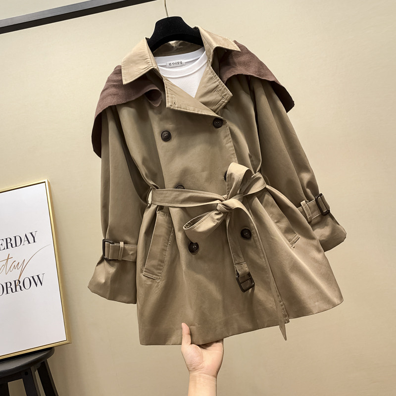 Wind coat woman medium long version 2022 Spring autumn new Korean version loose double-row buckle lacing to collect waist temperament shawl jacket