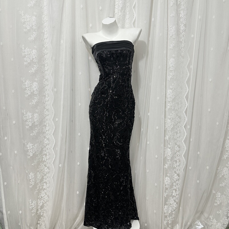 Black Sequin Tube Top Dress for Women, Slim Fit, Sexy Dress, Long Dress, Textured Dress