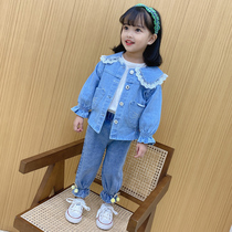 Girls  suit spring and autumn 2021 new childrens clothing Korean version of foreign style tooling casual childrens baby denim two-piece set