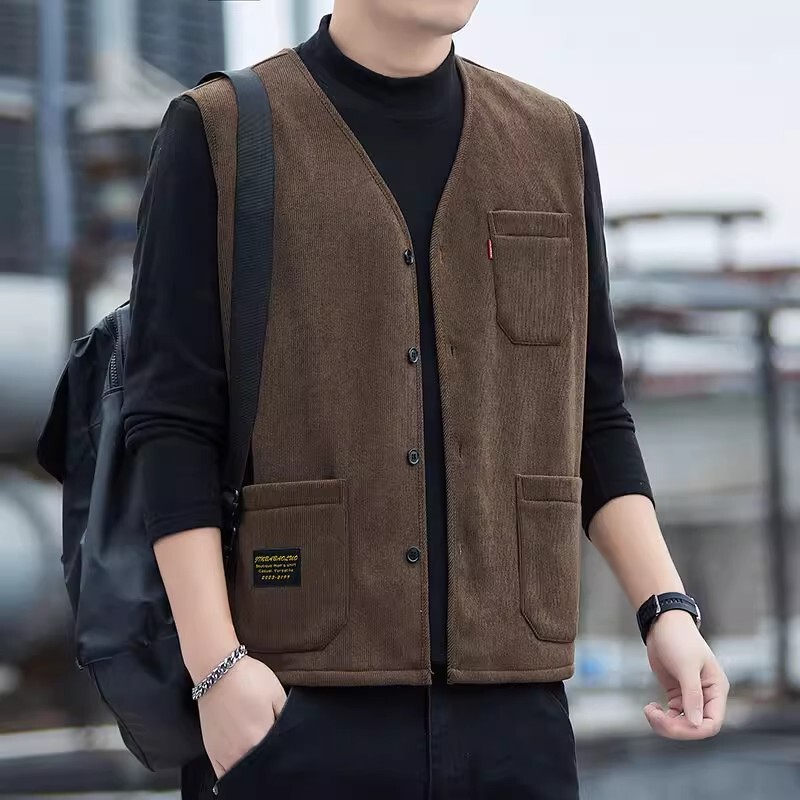 Corduroy Vest for Men, Autumn and Winter, Fleece-Lined, Thickened, Warm, American Retro Sleeveless Cardigan Vest