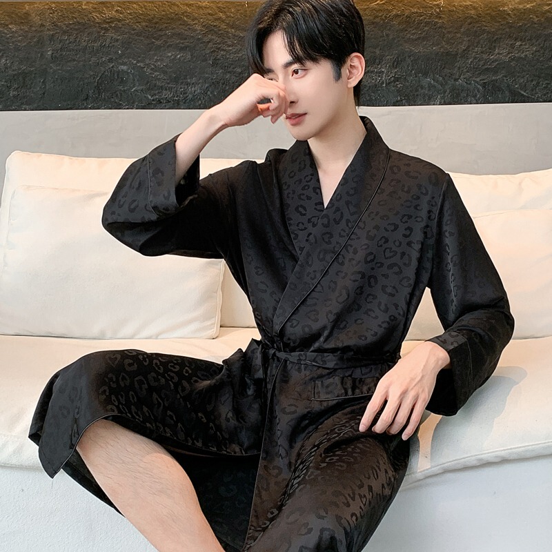 Men's Nightgown, Ice Silk, Summer Thin Bathrobe, Black Leopard Print, Mid-Length Dressing Gown, Home Wear, Large Size, High-End Pajamas