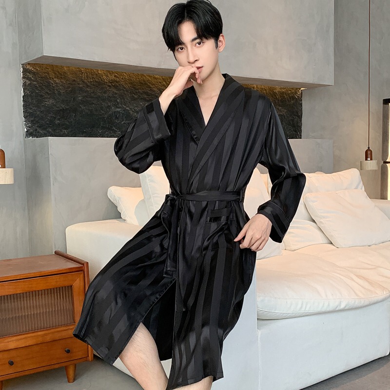 Men's Summer Nightgown, Thin Ice Silk, High-End, Mid-Length Bathrobe, Long-Sleeved, Large Size, Black Dressing Gown, Home Wear Men's Summer Nightgown, Thin Ice Silk, High-End, Mid-Length Bathrobe, Long-Sleeved, Large Size, Black Dressing Gown, Home Wear