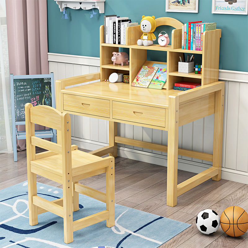 Children's class table and chairs desk suit for home elementary school children writing brief child homework study can lift solid wood table