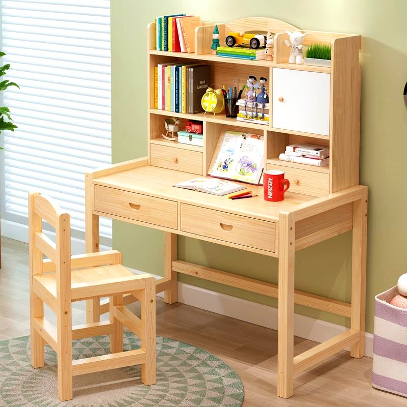 Children's solid wood study table Household children's office desk table and chair set Simple girl desk Primary school student desk and chair