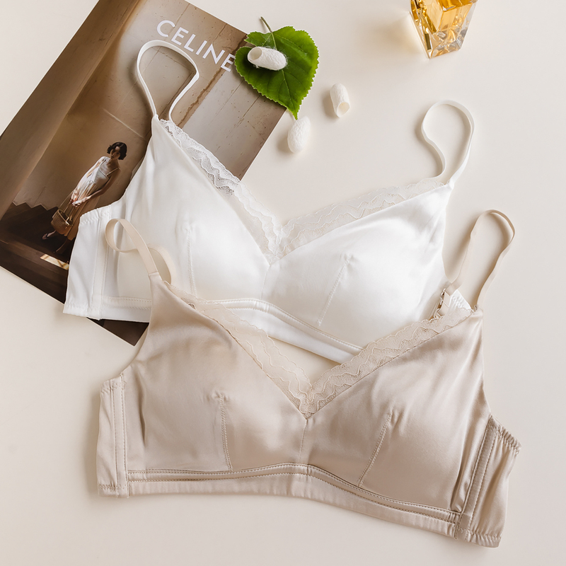 93% Mulberry Silk Bra, Thin Summer Satin Silk Underwear with Lace Trim, Sweat-Wicking and Healthy 93% Mulberry Silk Bra, Thin Summer Satin Silk Underwear with Lace Trim, Sweat-Wicking and Healthy