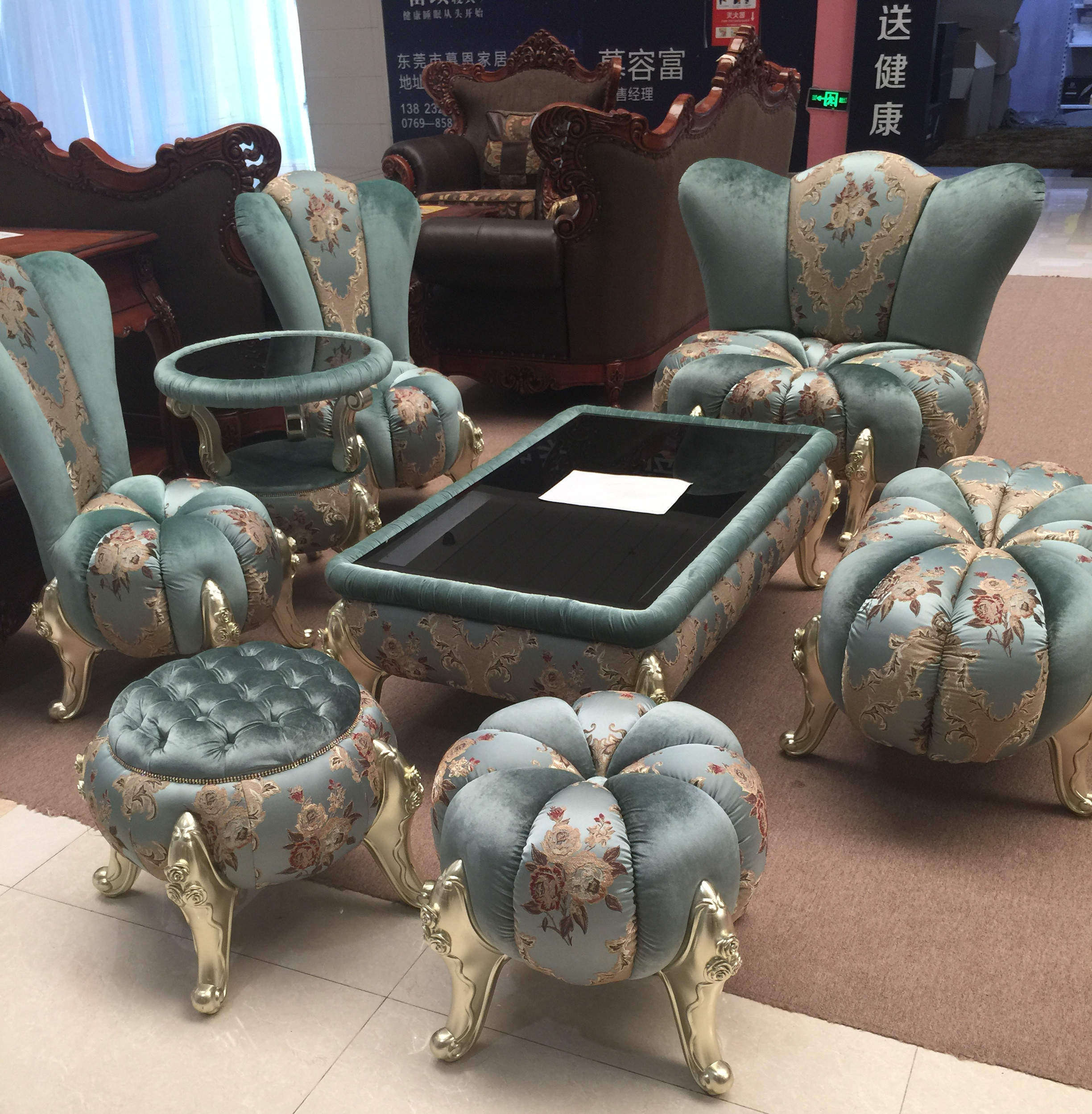 HOT Special Offer Light European Dark Green Kit Furniture Combination Hotel Standard Small Apartment Sofa Stool Pumpkin Stool