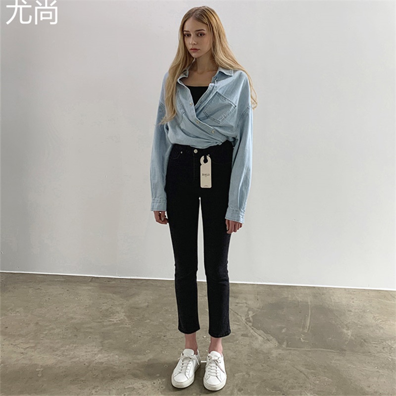 Spring and summer 2022 elastic body straight cylinder 80% black jeans female high waist display slim retro 90% brief goddess