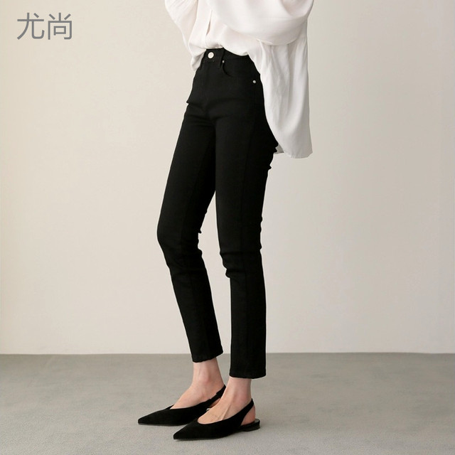 High-waisted straight-leg jeans for women, nine-point Korean summer elastic slimming pipe eight-point black basic model for small people