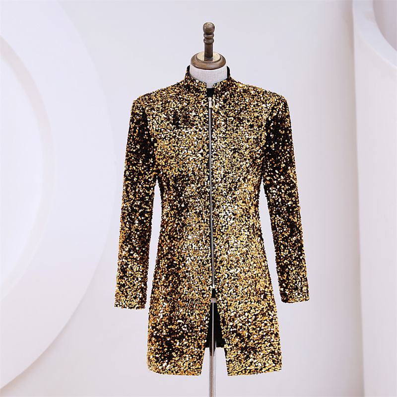 Men's Gold Velvet Sequin Stand-Up Collar Mid-Length Performance Suit Casual Blazer Male Singer Banquet Catwalk Dress