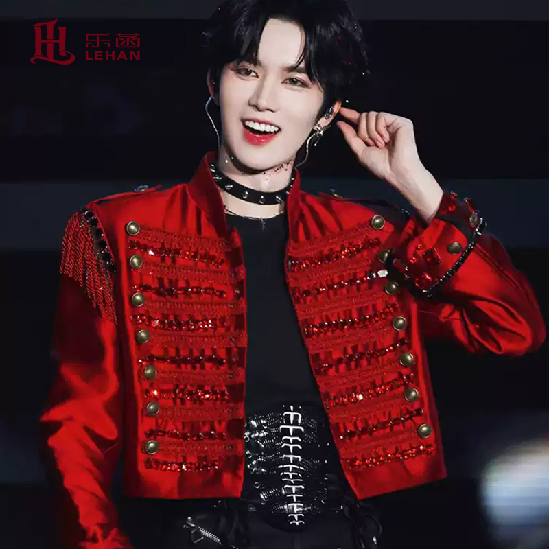Celebrity-Inspired Red Epaulette Tassel Jacket for Men with Metal Rivets and Shoulder Pad Design, High-End Court-Style Coat