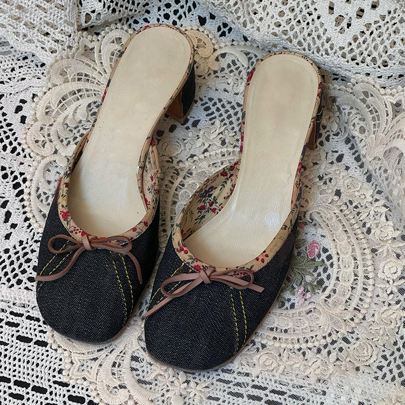 Cowhide! Korean Style Niche Denim Toe-Cap Sandals for Women, Comfortable Square-Toe Bow-Knot Chunky Heel High-Heeled Shoes for Outdoor Wear Cowhide! Korean Style Niche Denim Toe-Cap Sandals for Women, Comfortable Square-Toe Bow-Knot Chunky Heel High-Heeled Shoes for Outdoor Wear