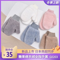 Japanese Exploits Candy Color Sheep Suede Hanging Neck Gloves Female Winter Thickened warm and cold proof student even finger glove full bag