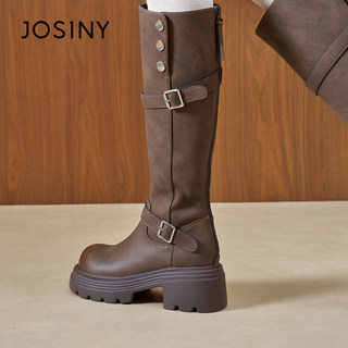 卓诗尼厚底不过膝骑士靴2025春秋新款复古增高皮带扣小个子高筒靴