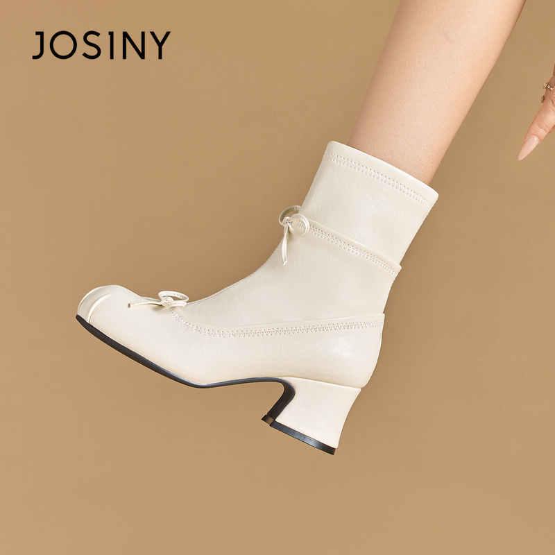 Zhuoshini Retro Ballet Style Bow Slim Boots for Women, French Style Autumn and Winter New Pig Nose Thick Heel Short Boots Zhuoshini Retro Ballet Style Bow Slim Boots for Women, French Style Autumn and Winter New Pig Nose Thick Heel Short Boots