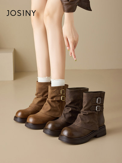 Zhuoshini Meilade Martin Boots for Women, Winter Fleece-Lined Cotton Shoes, Western Cowboy Boots, Riding Boot-Style Short Boots