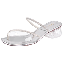 Zhuoshini thick heel slippers for women 2024 new summer one-word casual half slippers with rhinestones for women fashionable and high-end