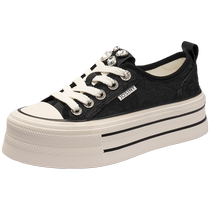 Zhuoshini genuine leather canvas shoes for women 2024 summer new casual versatile thick soles increased rhinestone breathable single shoes