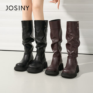 卓诗尼粗跟骑士靴女2025新款秋季百搭褶皱高筒靴不过膝厚底堆堆靴